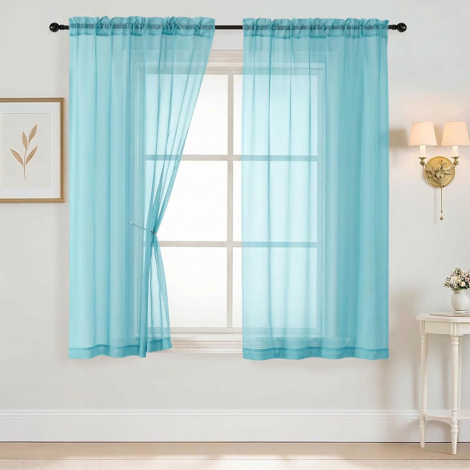 Ebesto Sheer Curtains 63 Inch Length 2 Panels, Voile Sheer Curtain for Living Room, Breathable Light Filtering Modern Window Treatments, Soft Fabric Dual Rod Pocket Drapes, Aqua, 2x42Wx63L Inches
