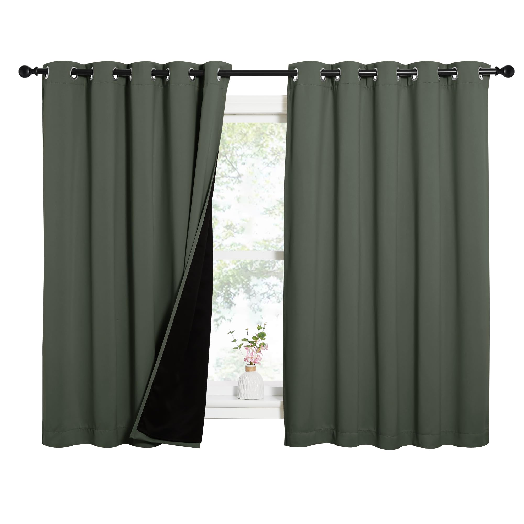 NICETOWN Dark Mallard 100% Blackout Lined Curtains, 2 Thick Layers Completely Blackout Window Treatment Thermal Insulated Drapes for Kitchen/Bedroom (1 Pair, 62" Width x 63" Length Each Panel)