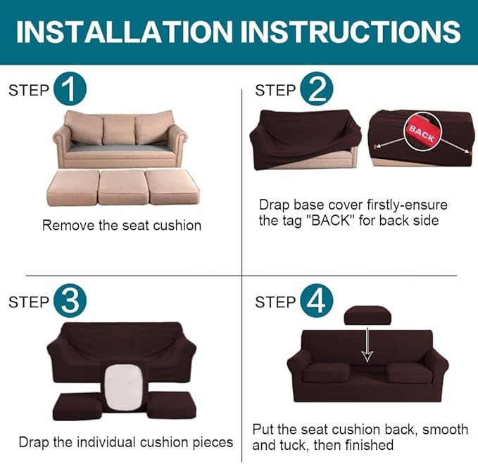 Turquoize 4 Piece Sofa Covers For 3 Cushion Couch Sofa Slipcover Soft Couch Cover For Dogs-Washable Sofa Furniture Covers With 3 Individual Cushion Covers Thick Jacquard Fabric (3 Cushion Sofa, Brown)