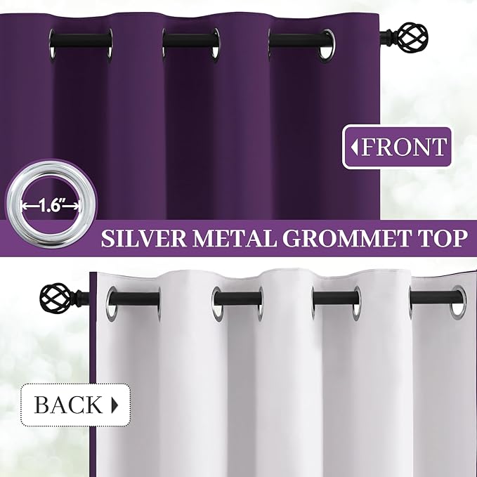 Yakamok 100% Blackout Curtains 52x96 inch Long Purple Window Drapes-Bedroom