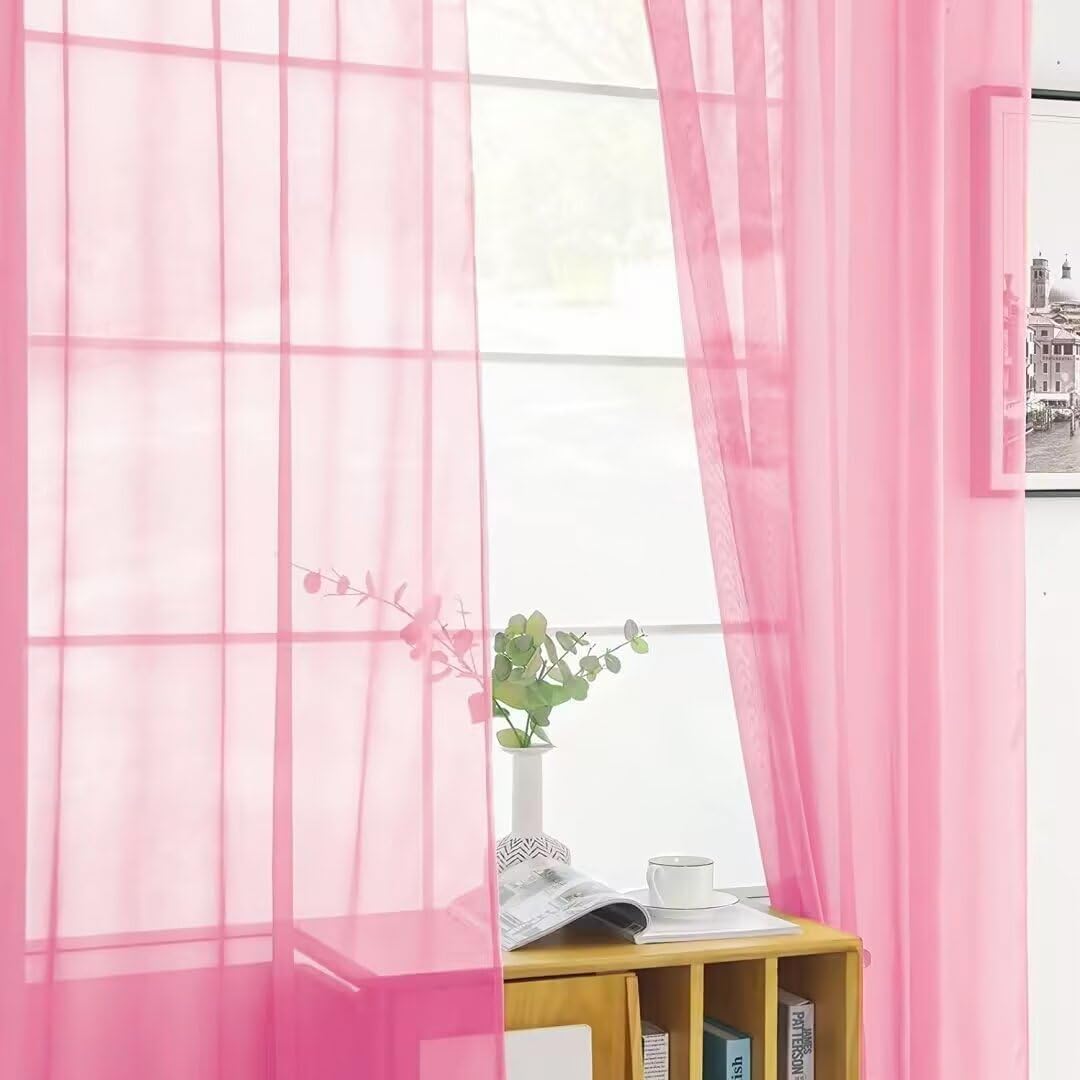 SpaceDresser Basic Rod Pocket Sheer Voile Window Curtain Panels Pink 1 Pair 2 Panels 52 Width 90 Inch Long for Kitchen Bedroom Children Living Room Yard（Pink, 52W x 90L）