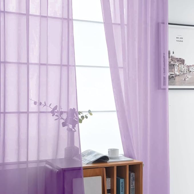 SpaceDresser Sheer Voile Window Treatment Rod Pocket Curtain Panels for Kitchen Bedroom Living Room Drapes Sunlight Filtering Privacy Semi Home Decor Assorted (Lavender, 52 W x 108 L)