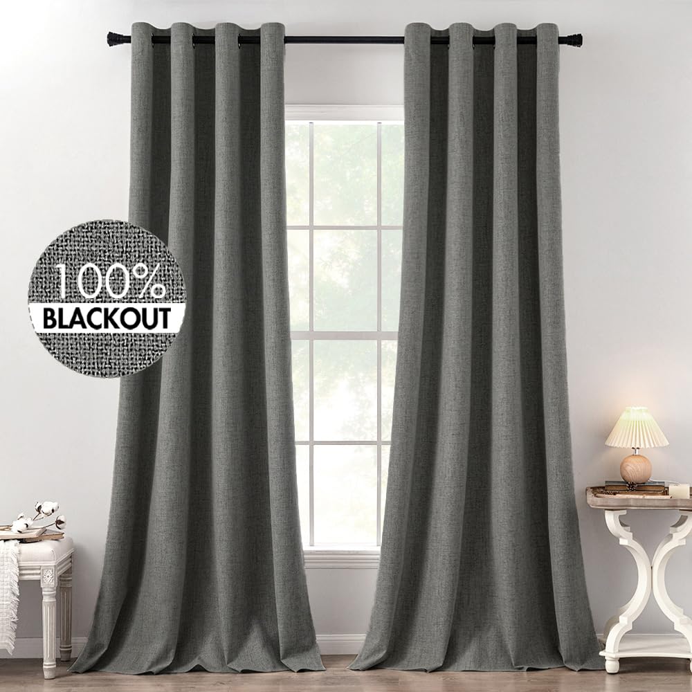 MIULEE 100% Blackout Linen Curtains for Bedroom 52x120 Inches Dark Grey