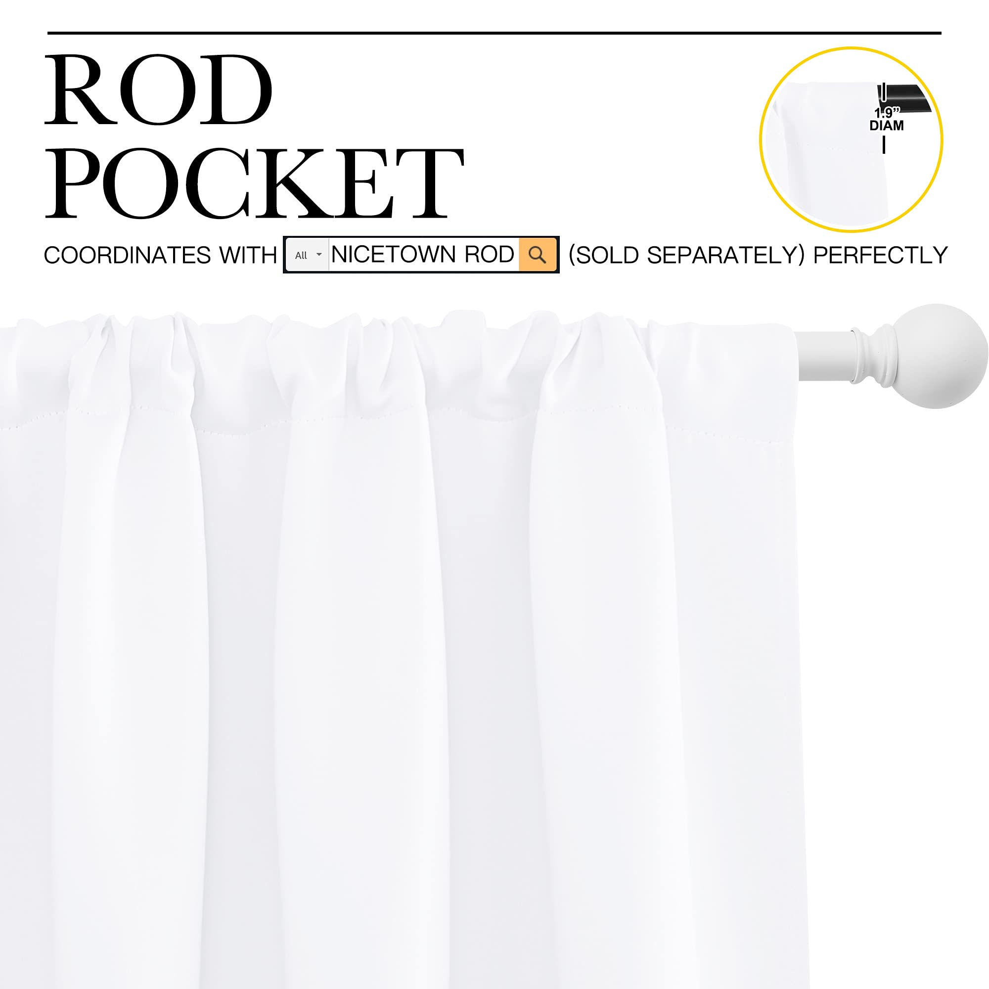 NICETOWN White Curtains, 50% Light Blocking Curtain Panels for Bedroom, Home Decoration Easy-Care Solid Rod Pocket Draperies/Drapes, Window Covering for Kitchen (2 Panels, 70 by 63, White)