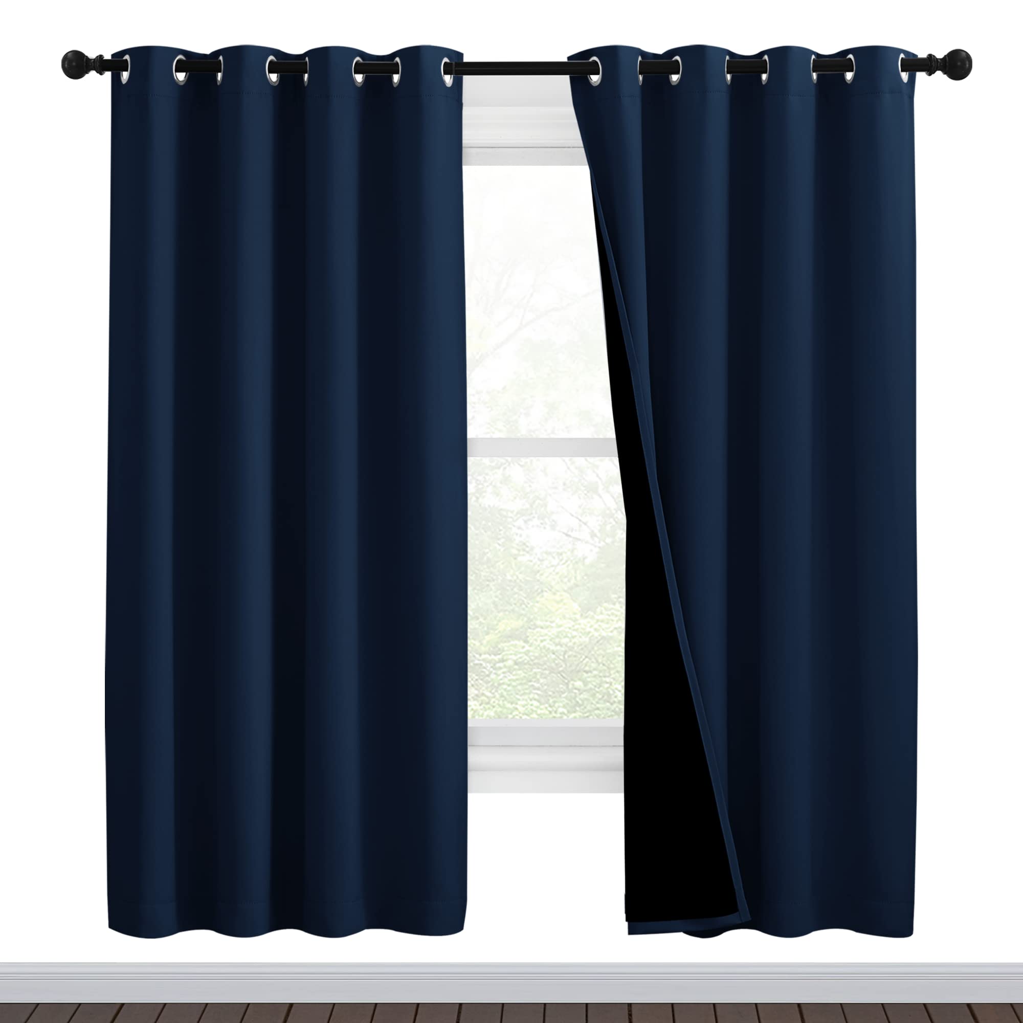 NICETOWN Complete 100% Blackout Curtain Set, Thermal Insulated & Energy Efficiency Window Draperies for Guest Room, Full Shading Panels for Shift Worker and Light Sleepers, Navy Blue, 46W x 72L, 2 Pcs