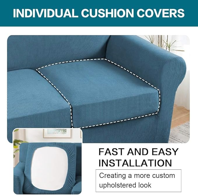Turquoize 3 Piece Sofa Covers for 2 Cushion Couch Sofa Slipcover Soft Couch Cover for Dogs-Washable Sofa Furniture Covers with 2 Individual Cushion Covers, Thick Fabric (2 Cushion Sofa, Dusty Blue)