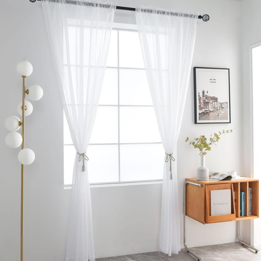 SpaceDresser Sheer White Curtains 4 Panels Rod Pocket Semi-Sheer Curtain 45 Inches Long Light Filtering Voile Window Drapes for Bedroom Living Room Kitchen, Each 52W x 45L
