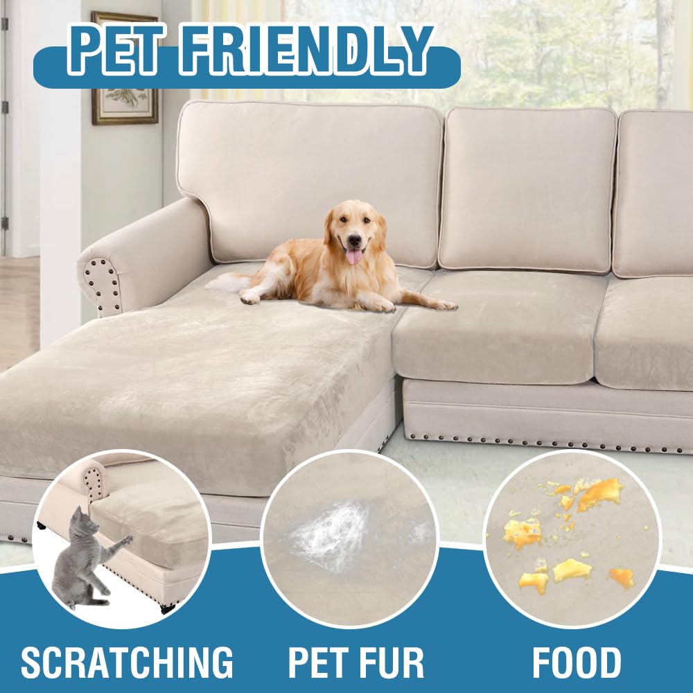 H.VERSAILTEX Velvet Stretch Sectional Couch Covers 3 Pieces Sofa Seat Cushion Covers L Shape Separate Cushion Couch Cover for Both Left/Right Sectional Couch (Large Sofa 2 Seater + 1 Chaise, Ivory)