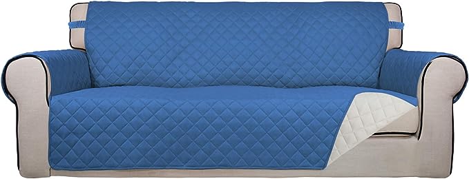 PureFit Reversible Quilted Sofa Cover, Water Resistant Slipcover Furniture Protector, Washable Couch Cover with Non Slip Foam and Elastic Straps for Kids, Dogs, Pets (X Large, Blue/Ivory)