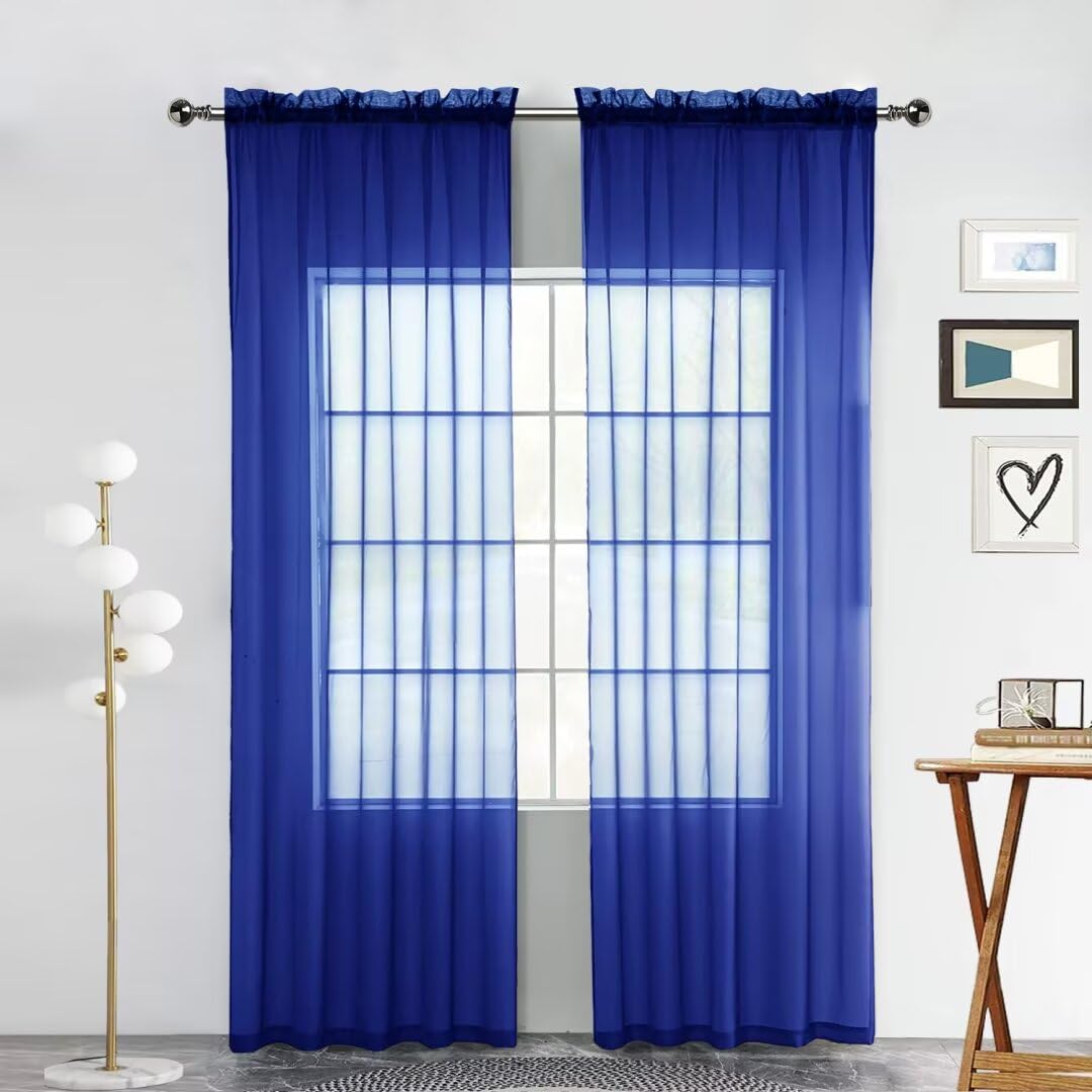 SpaceDresser Sheer Voile Window Treatment Rod Pocket Curtain Panels for Kitchen Bedroom Living Room Drapes Sunlight Filtering Privacy Semi Home Decor Assorted Colors Sizes (Sapphire, 52 W x 84 L)