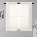 OWENIE Sheer Curtains Ivory, 45" Long Light Filtering Tiers for Kitchen, Bedroom, Short Panels Rod Pocket 2 Panels, Cafe Curtains Small Window, 42" W x 45" L