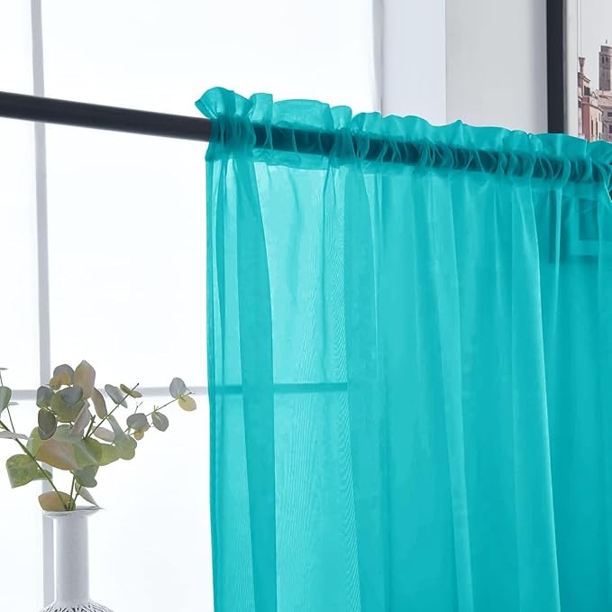 SpaceDresser Sheer Voile Window Treatment Rod Pocket Curtain Panels for Kitchen Bedroom Living Room Drapes Sunlight Filtering Privacy Semi Home Decor Assorted (Peacock Blue, 52 W x 72 L)
