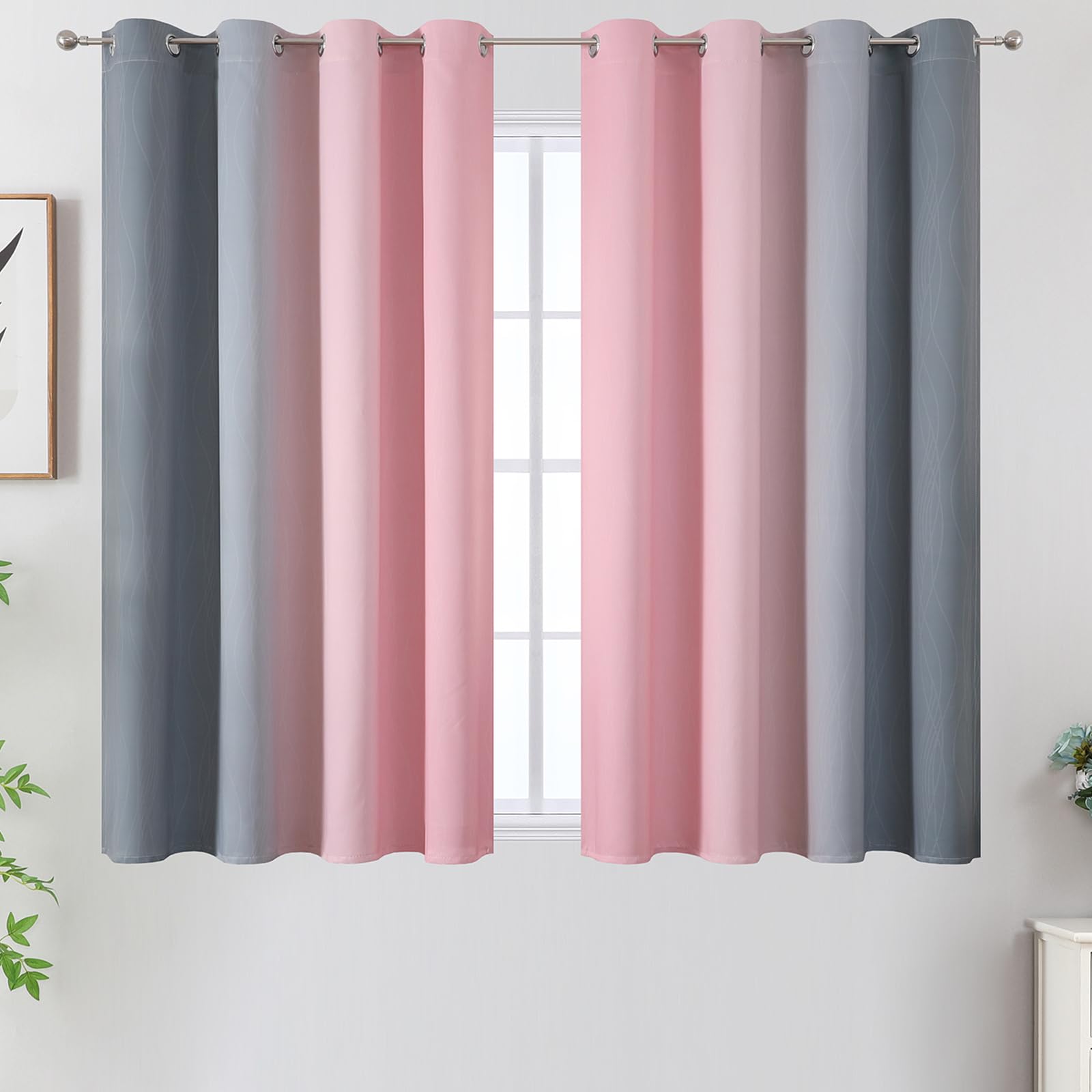 Pink and Grey Ombre Blackout Curtains for Bedroom 45 Inch Long 2 Panels