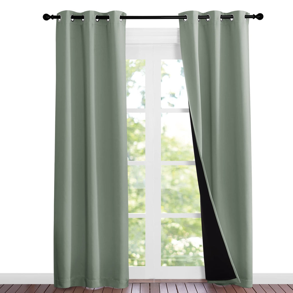 NICETOWN Greyish Green Blackout Curtains 84 inches Long, Full Light Blocking Drapes with Black Liner for Nursery, Noise Reducing Thermal Insulated Draperies for Doorway (2 Pieces, 37" Wide per Panel)