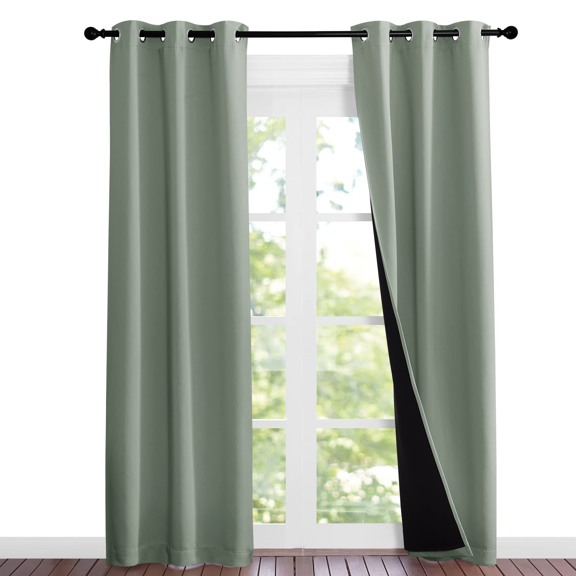 NICETOWN Greyish Green Blackout Curtains 84 inches Long, Full Light Blocking Drapes with Black Liner for Nursery, Noise Reducing Thermal Insulated Draperies for Doorway (2 Pieces, 37" Wide per Panel)