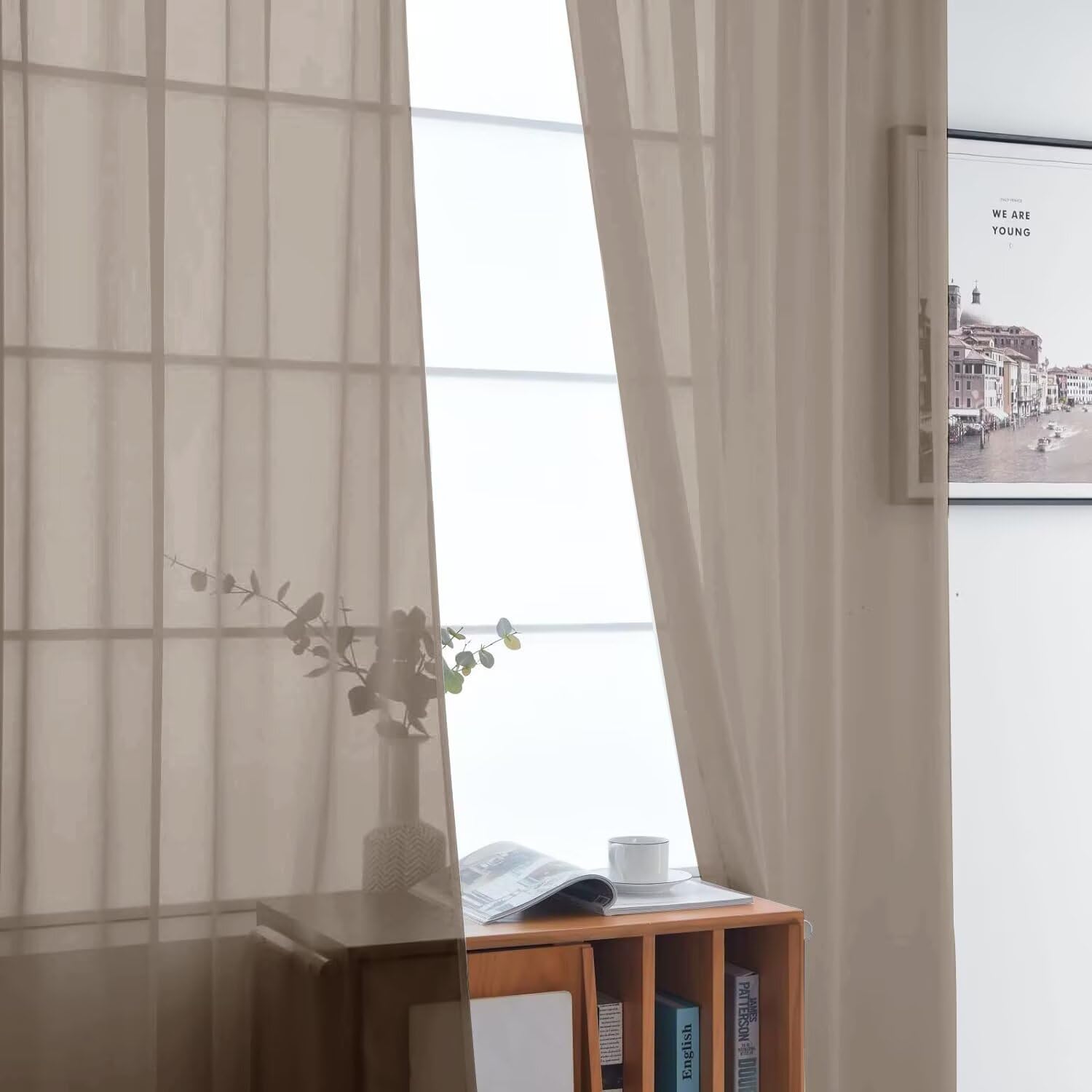 SpaceDresser Basic Rod Pocket Sheer Voile Window Curtain Panels Taupe 1 Pair 2 Panels 52 Width 72 Inch Long for Kitchen Bedroom Children Living Room Yard（Taupe, 52W x 72L）