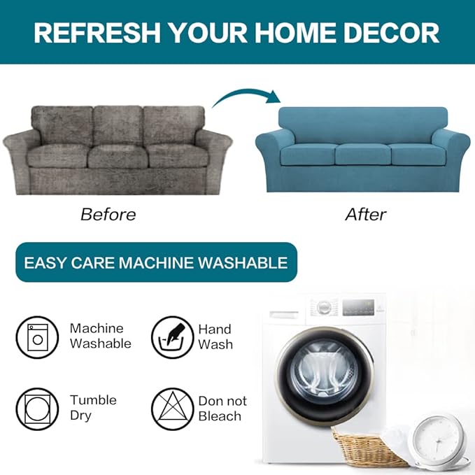 Turquoize 4 Piece Sofa Covers for 3 Cushion Couch Sofa Slipcover Soft Couch Cover for Dogs-Washable Sofa Furniture Covers with 3 Individual Cushion Covers, Jacquard Fabric (3 Cushion Sofa, Storm Blue)