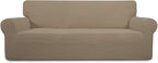 Easy-Going Stretch Oversized Sofa Slipcover 1-Piece Sofa Cover Furniture Protector Couch Soft with Elastic Bottom for Kids, Polyester Spandex Jacquard Fabric Small Checks Natural