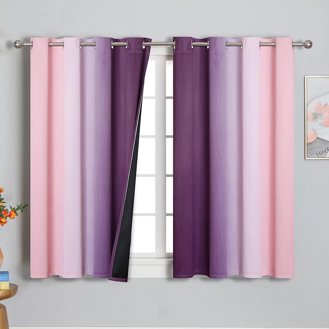 Pink and Purple Ombre Blackout Curtains for Girls Bedroom 54 Inches Long