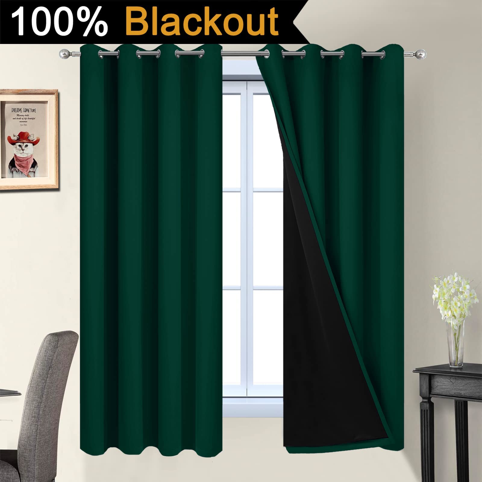 Yakamok Dark Green 100% Blackout Curtains 63 Inches Long 52" Wide 2 Panels