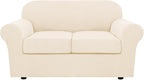H.VERSAILTEX 3 Piece Stretch Sofa Covers for 2 Cushion Loveseat Couch Covers for Living Room (Base Cover Plus 2 Seat Cushion Covers) Thicker Jacquard Fabric (Medium Sofa, Cream)