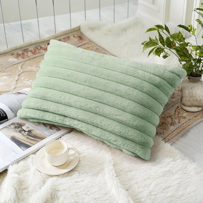 decorUhome Fall Faux Fur Throw Pillow Covers 12x20 Set of 2 Sage Green