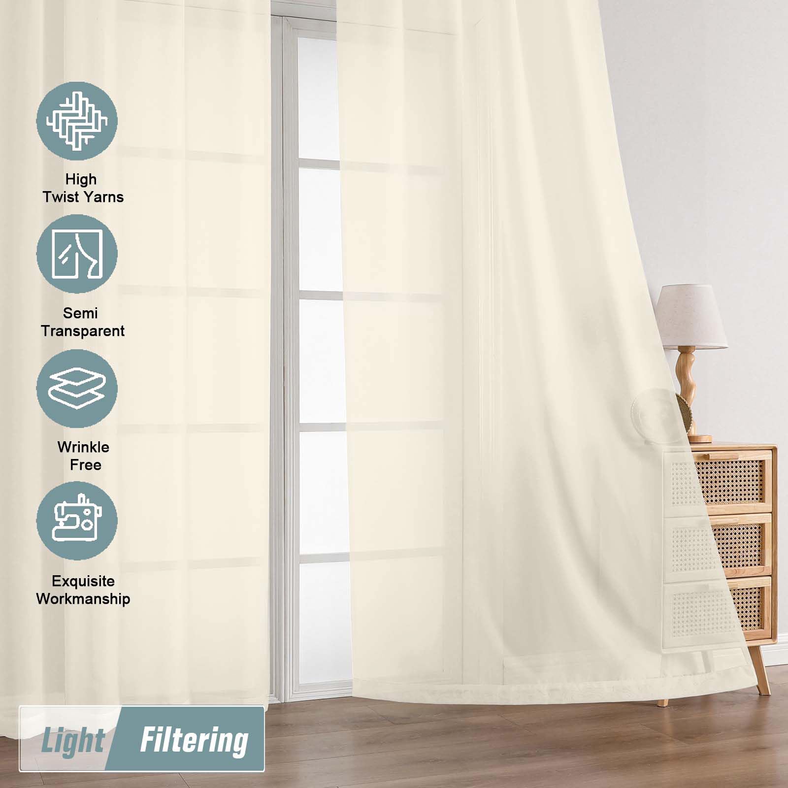 Ebesto Cream Sheer Curtains for Window 96 Inches Long 2 Panels Set, Soft Airy Light Filtering Voile Sheer Curtains for Living Room Bedroom, Dual Rod Pocket Elegant Window Drapes, 2x42Wx96L Inches