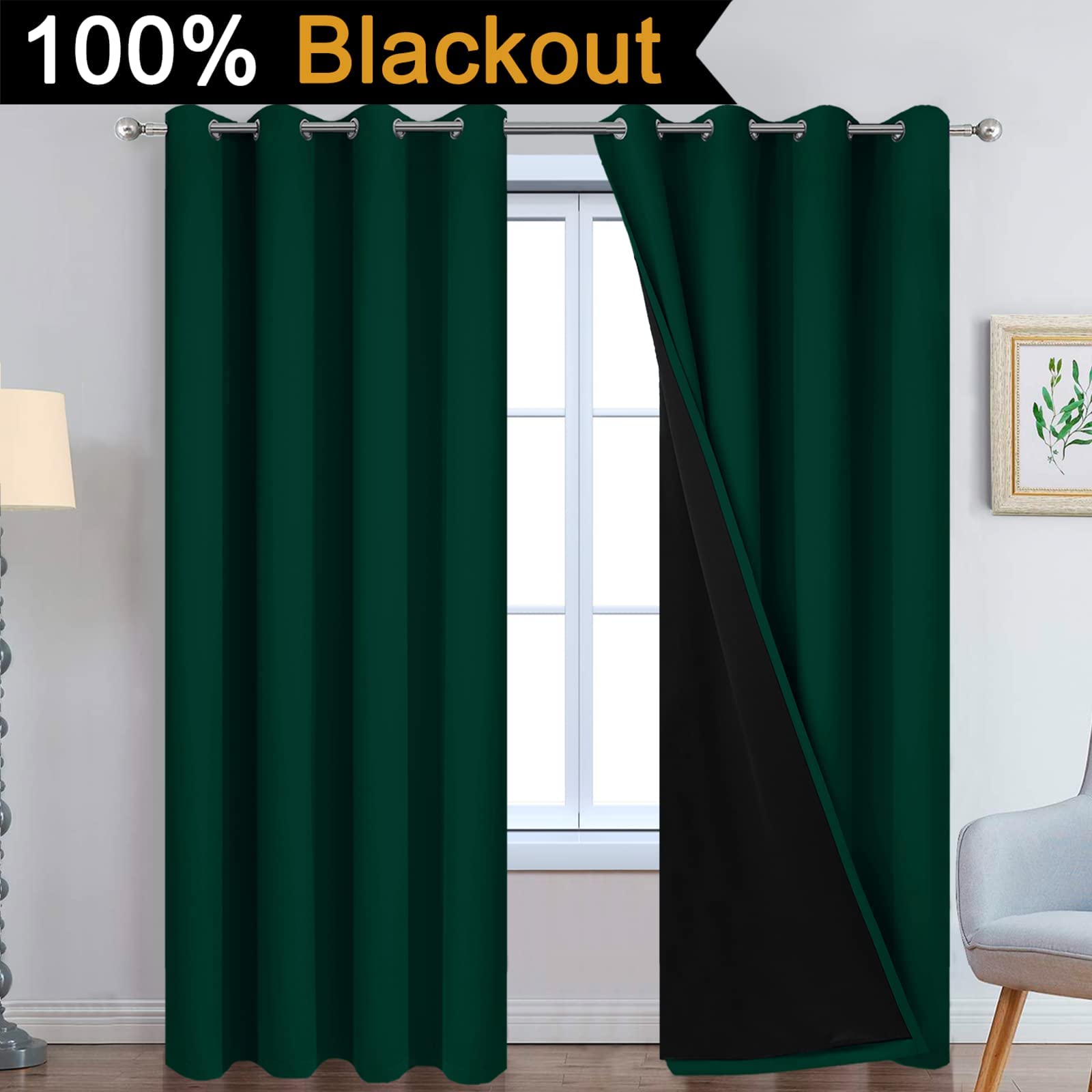 Yakamok Dark Green 100% Blackout Curtains 84 Inches Long 52" Wide 2 Panels