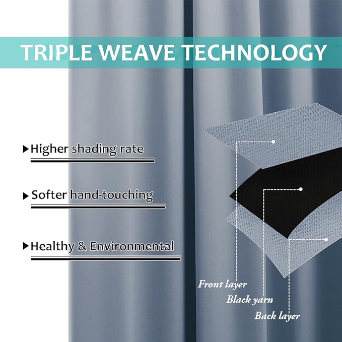 NICETOWN 100% Blackout Curtains for Windows, Pack of 2, Vintage Blue, 52" W x 102" L, Super Heavy-Duty Black Lined Total Darkness Drapes for Bedroom, Privacy Assured Window Treatment for Patio