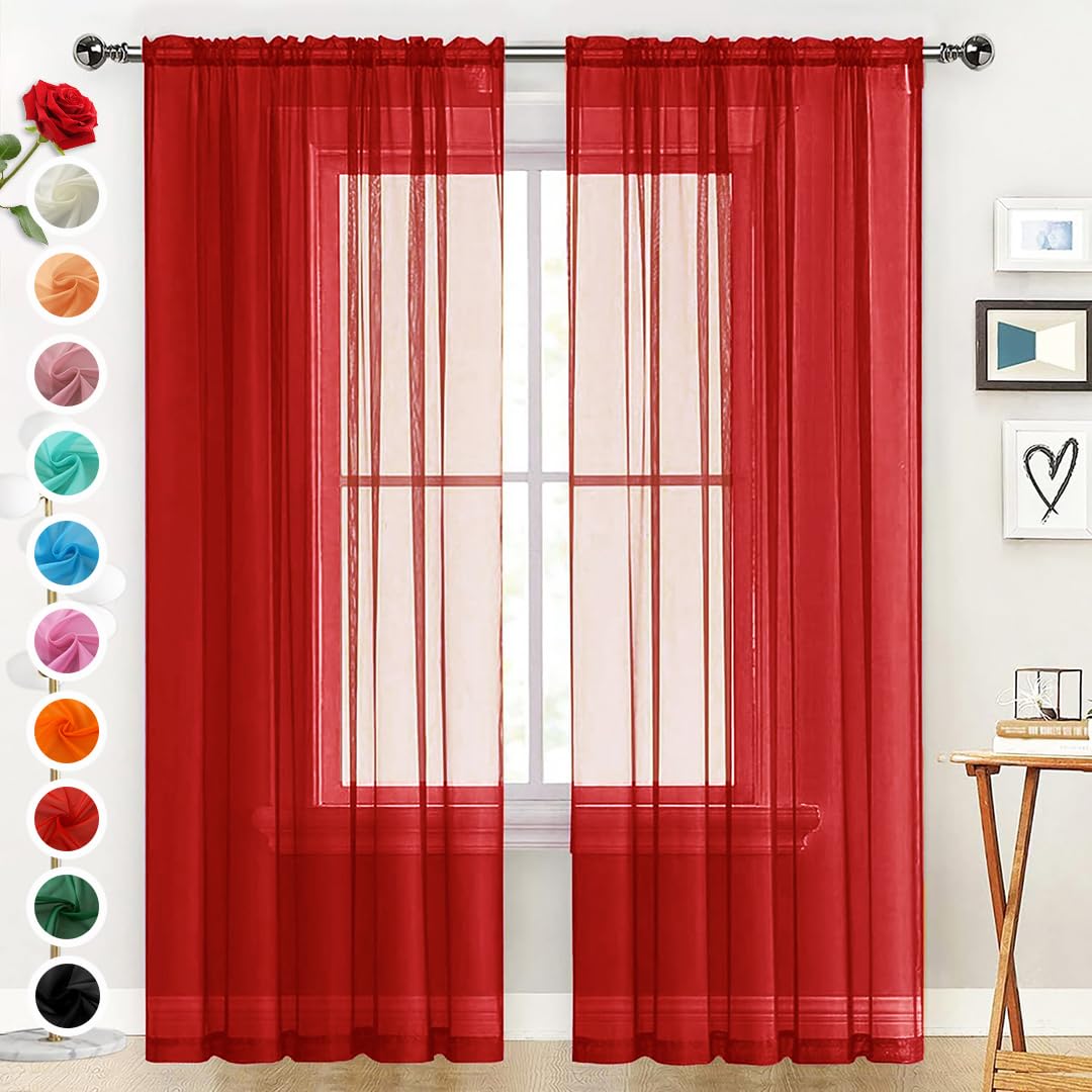 SpaceDresser Sheer Voile Window Treatment Rod Pocket Curtain Panels for Kitchen Bedroom Living Room Drapes Sunlight Filtering Privacy Semi Home Decor Assorted Colors Sizes (Christmas Red, 52 W x 90 L)