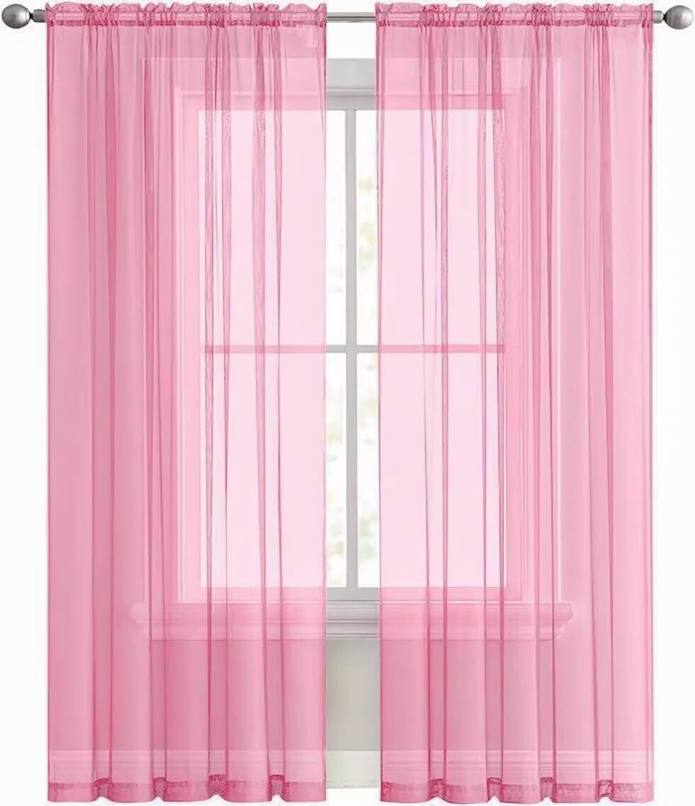 SpaceDresser Basic Rod Pocket Sheer Voile Window Curtain Panels Pink 1 Pair 2 Panels 52 Width 90 Inch Long for Kitchen Bedroom Children Living Room Yard（Pink, 52W x 90L）