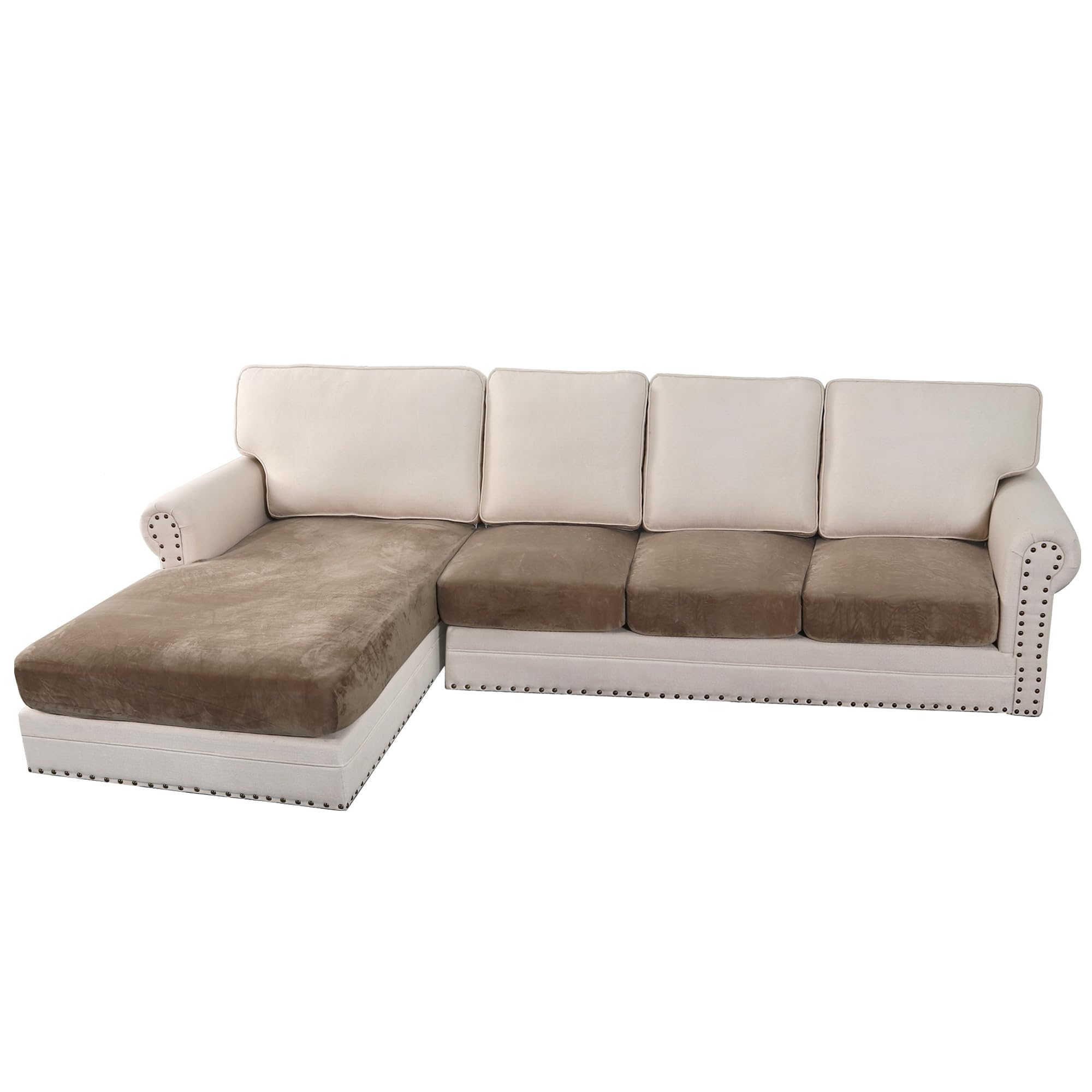 H.VERSAILTEX Velvet Stretch Sectional Couch Covers 4 Pieces Sofa Seat Cushion Covers L Shape Separate Couch Cover for Both Left/Right Sectional Couch (Large Sofa 3 Seater + 1 Chaise, Mocha)