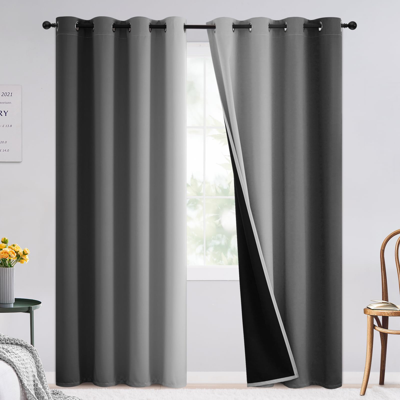 SimpleHome 100% Blackout Ombre Bedroom Curtains Grey and Greyish White,96L
