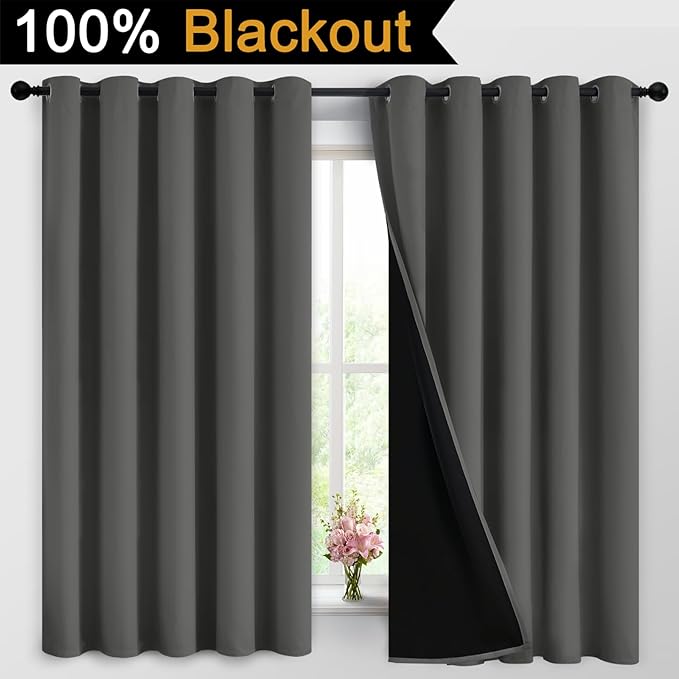 Yakamok Dark Grey 100% Blackout Curtains 63 Inches Long 62" Wide 2 Panels