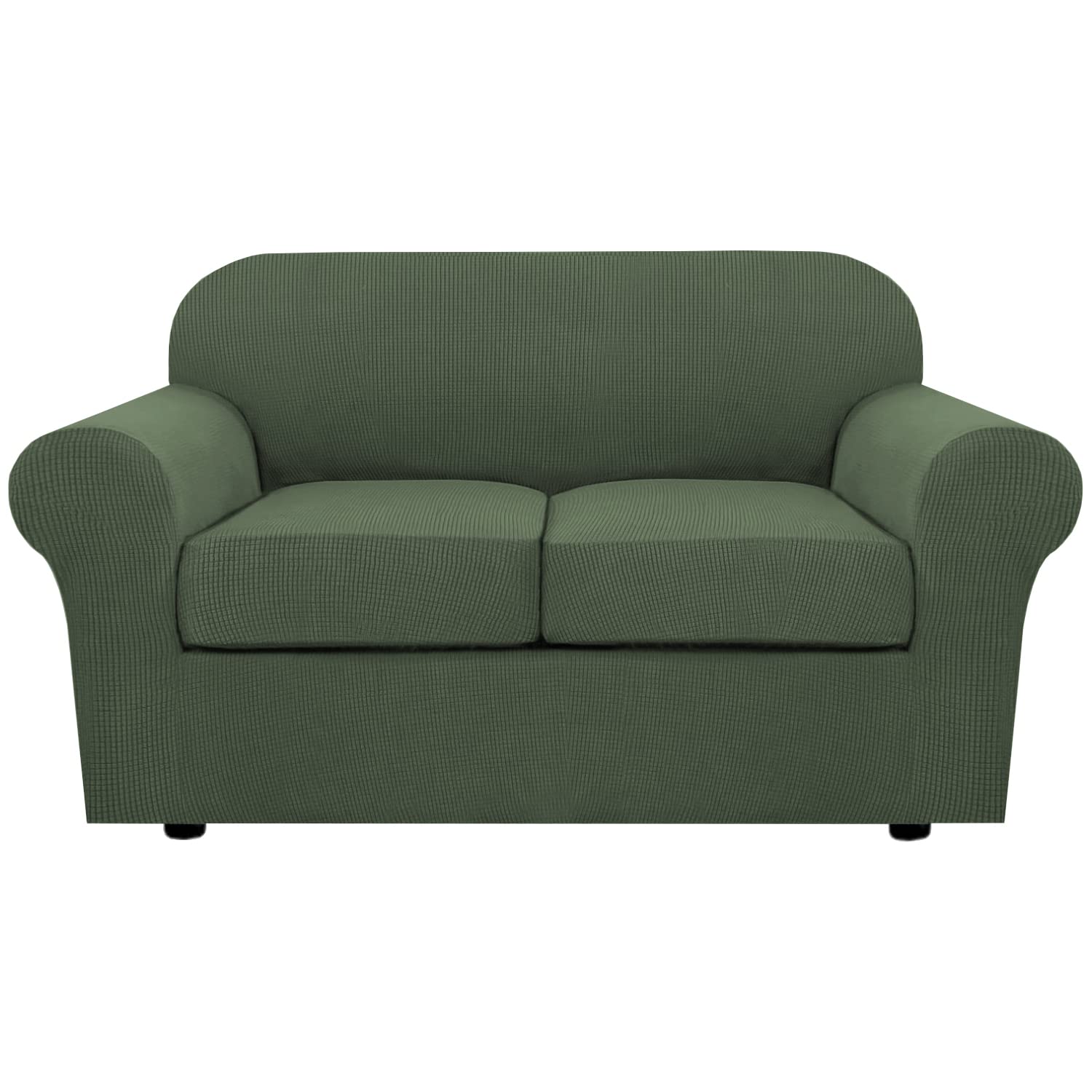 H.VERSAILTEX 3 Piece Stretch Sofa Covers for 2 Cushion Loveseat Couch Covers for Living Room Furniture Cover (Base Cover Plus 2 Seat Cushion Covers) Thicker Jacquard Fabric(Medium, Bronze Green)