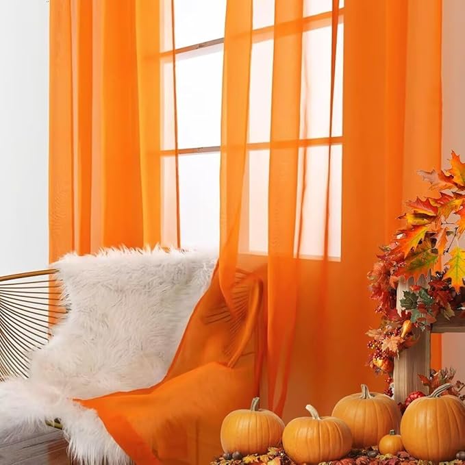 SpaceDresser Basic Rod Pocket Sheer Voile Window Curtain Panels White 1 Pair 2 Panels 60 Width 63 Inch Long for Kitchen Bedroom Children Living Room Yard(Orange,60 W x 63 L)