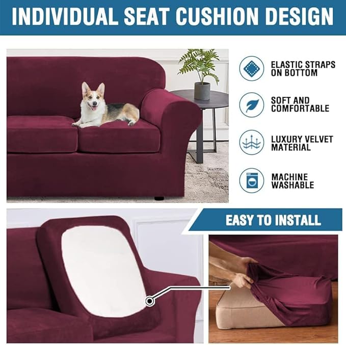 H.VERSAILTEX Velvet 4 Piece High Stretch Sofa Slipcover Cover Furniture Protector Form Fit Thick Velvet Extra Large Sofa Cover for 3 Cushion Couch Width Up to 105 Inch(XL Sofa, Wine/Burgundy)