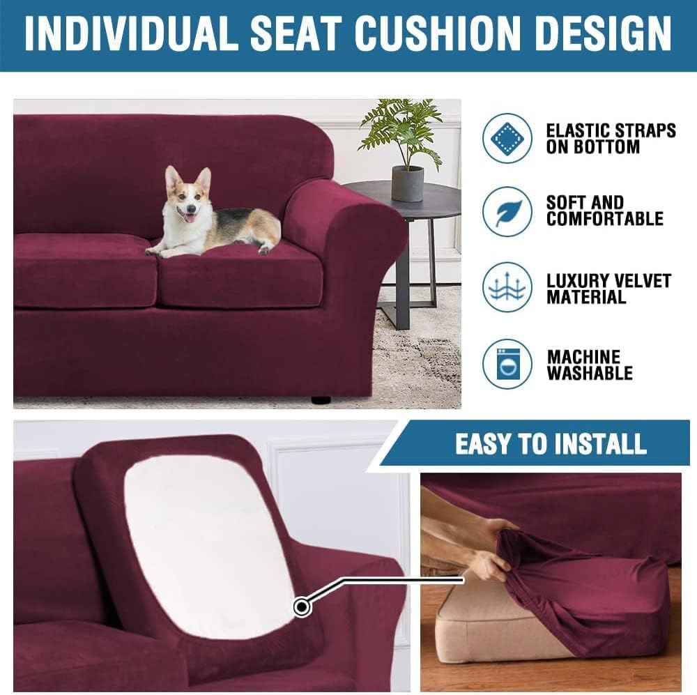 H.VERSAILTEX Velvet 4 Piece High Stretch Sofa Slipcover Cover Furniture Protector Form Fit Thick Velvet Extra Large Sofa Cover for 3 Cushion Couch Width Up to 105 Inch(XL Sofa, Wine/Burgundy)