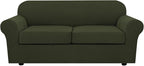 H.VERSAILTEX 3 Piece Stretch Sofa Covers for 2 Cushion Loveseat Couch Covers for Living Room Sofa (Base Cover Plus 2 Seat Cushion Covers) Thicker Jacquard Fabric (Medium Sofa, Olive)