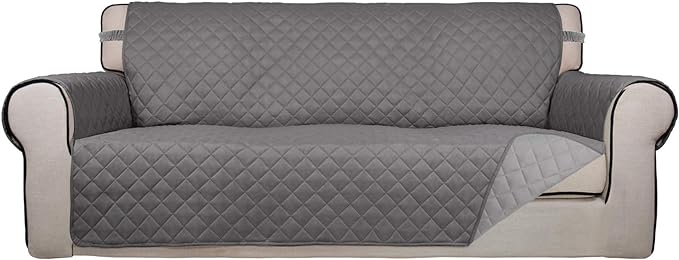 PureFit Reversible Quilted Sofa Cover, Water Resistant Slipcover Furniture Protector, Washable Couch Cover with Non Slip and Elastic Straps for Kids, Dogs, Pets (Oversized Sofa, Gray/Light Gray)