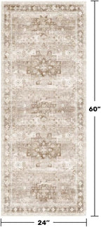 Hazo Haus Boho Bathroom Rug 2x5 Runner, Neutral Farmhouse Kitchen Rugs, Small Throw Runners for Laundry Room Bedroom, Vintage Floral Décor, Non-Slip Low-Pile Washable Stain Resistant Beige Latte