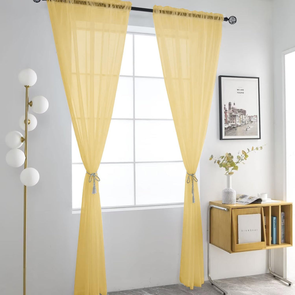 SpaceDresser Basic Rod Pocket Sheer Voile Window Curtain Panels Gold 1 Pair 2 Panels 52 Width 54 Inch Long for Kitchen Bedroom Children Living Room Yard（Gold, 52W x 54L）