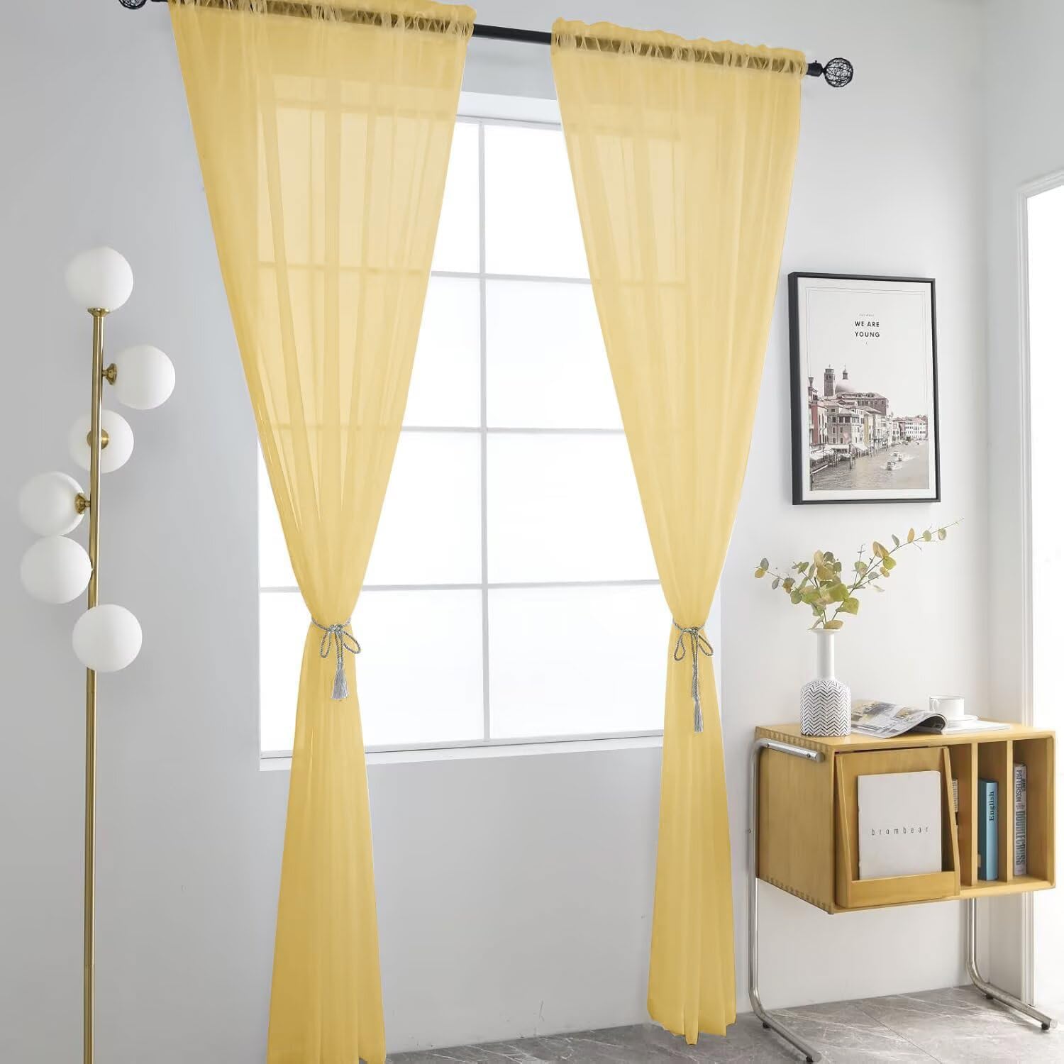 SpaceDresser Basic Rod Pocket Sheer Voile Window Curtain Panels Gold 1 Pair 2 Panels 52 Width 84 Inch Long for Kitchen Bedroom Children Living Room Yard（Gold, 52W x 84L）