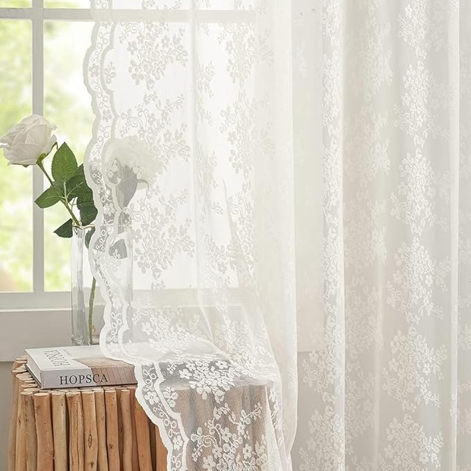 YJ YANJUN Vintage Lace Curtains 80 Inch Length Victorian Floral Cream Sheer Curtain Panels for Living Room 2 Panels Privacy Room Divider for Room Separation Country Farmhouse Decor Off White/Ivory