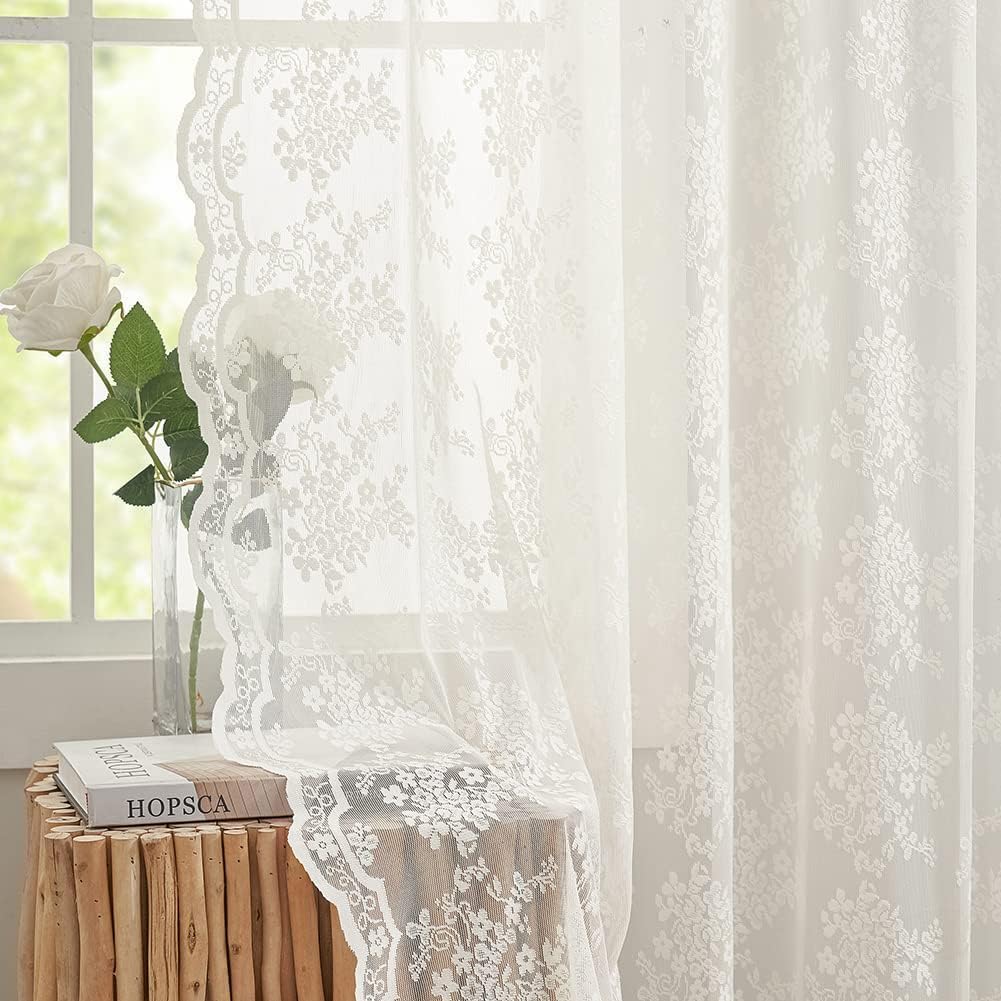 YJ YANJUN Vintage Lace Curtains 90 Inches Long for Dining Room Pair French Country Floral Sheer Curtains for Bedroom Playroom Ivory Cream Colored Boho Farmhouse Decoration 52 x 90 Off White