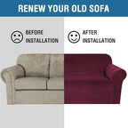 H.VERSAILTEX Stretch Velvet Sofa Covers for 3 Cushion Couch Covers Sofa Slipcovers Furniture Protector Soft with Non Slip Elastic Bottom, Crafted from Thick Comfy Rich Velour (Sofa 72"-90", Burgundy)