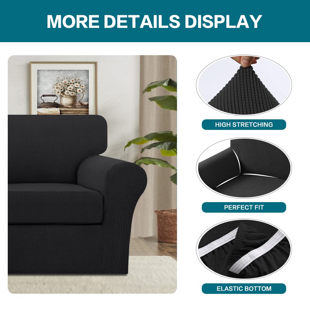 Turquoize 2 Piece Chair Covers Chair Slipcovers for Living Room Armchair Couch Cover Chair Sofa Cover with Individual Cushion Covers Furniture Cover for Chairs Feature Jacquard Fabric (Chair, Black)