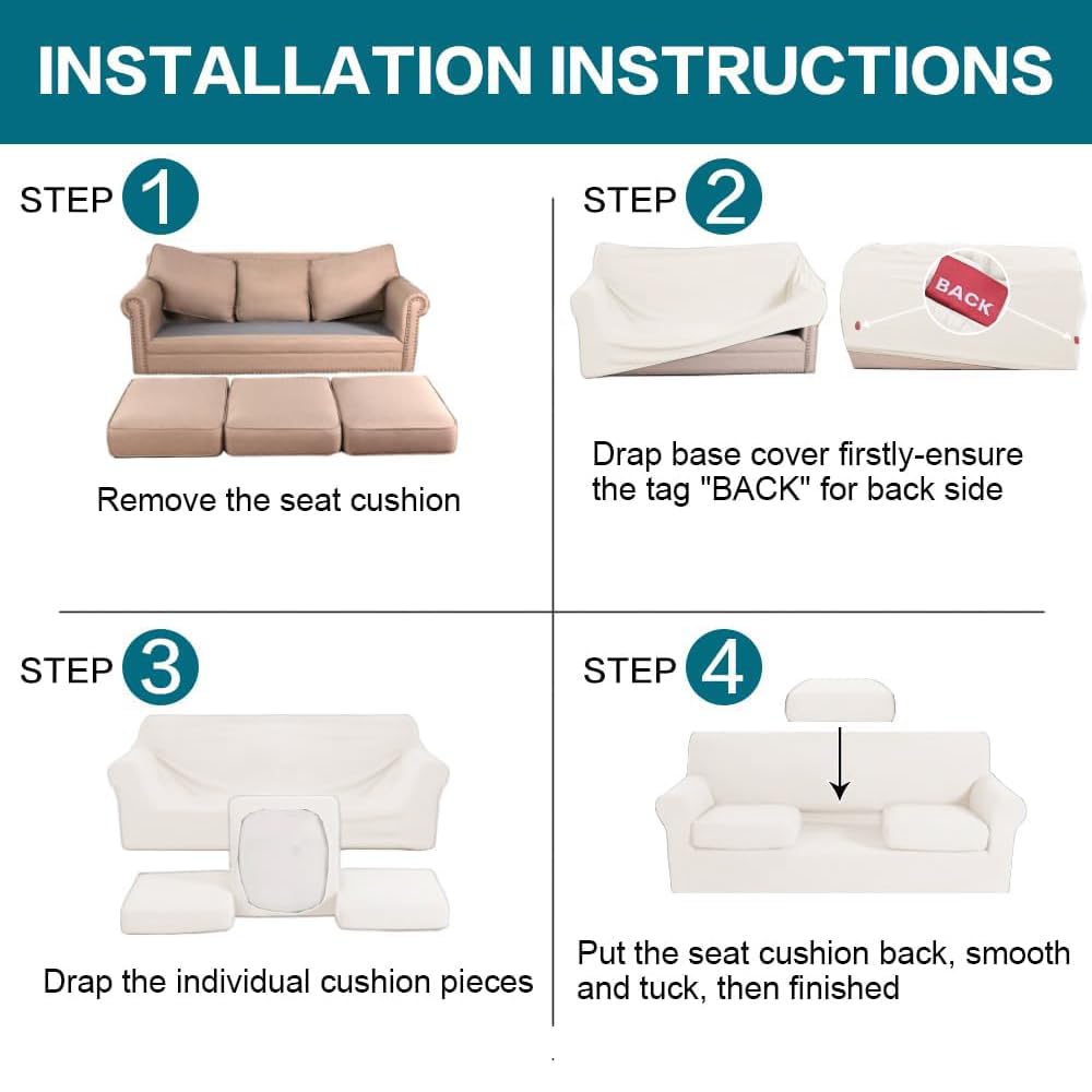 Turquoize 4 Piece Sofa Covers for 3 Cushion Couch Sofa Slipcover Soft Couch Cover for Dogs-Washable Sofa Furniture Cover with 3 Individual Cushion Covers (3 Cushion Sofa, Porcelain White)