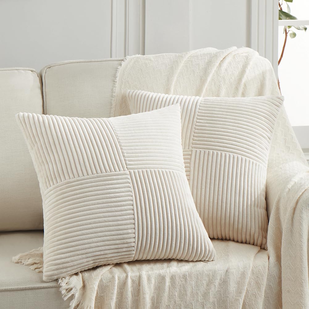Fancy Homi 2 Packs Tan Decorative Throw Pillow Covers 22x22 Inch for Living Room Couch Bed Sofa, Rustic Farmhouse Boho Home Decor, Soft Corss Corduroy Patchwork Accent Beige Cushion Case 55x55 cm