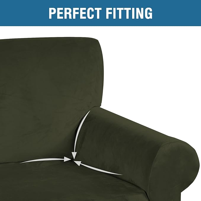 H.VERSAILTEX Stretch Velvet Sofa Covers for 3 Cushion Couch Covers Furniture Protector Soft with Non Slip Elastic Bottom, Crafted from Thick Comfy Rich Velour (Large Sofa 90"-97", Olive)